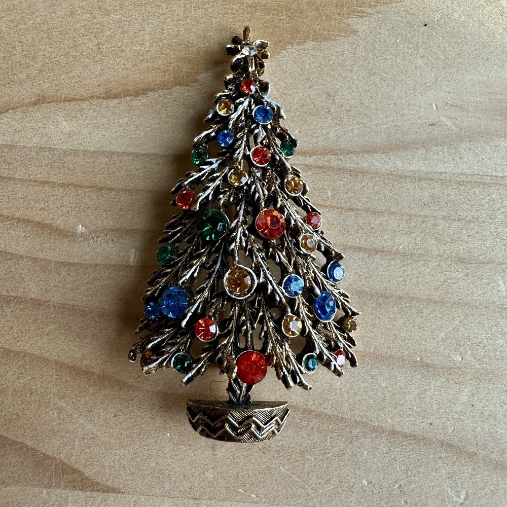 VTG Arthur Pepper Christmas Brooch Pin 2.25 Inch Frosted Tree Rhinestones Signed